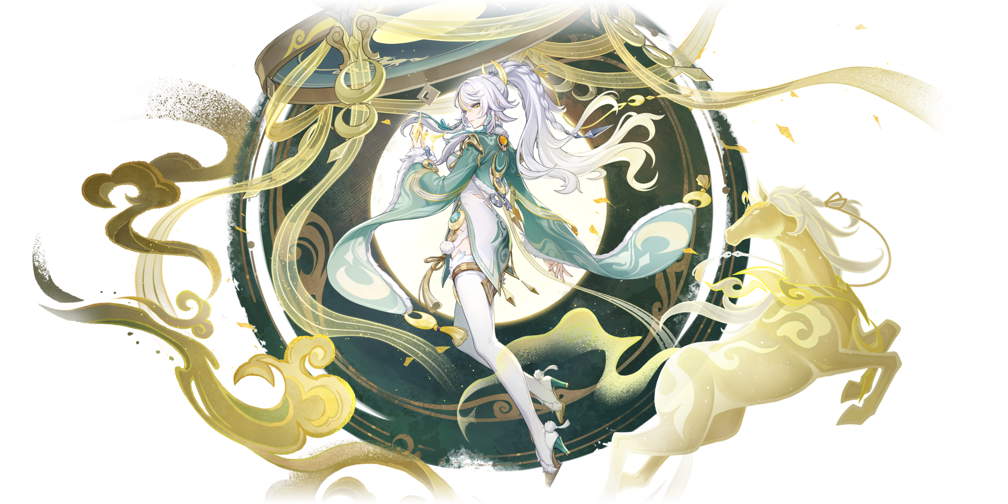 genshin impact, highres, official art, 1girl, braid, dress, green shirt, long hair, long sleeves, shirt, short dress, sidelocks, solo, thighhighs, white dress, white hair, white thighhighs, wide sleeves, yellow eyes, zibai (genshin impact)