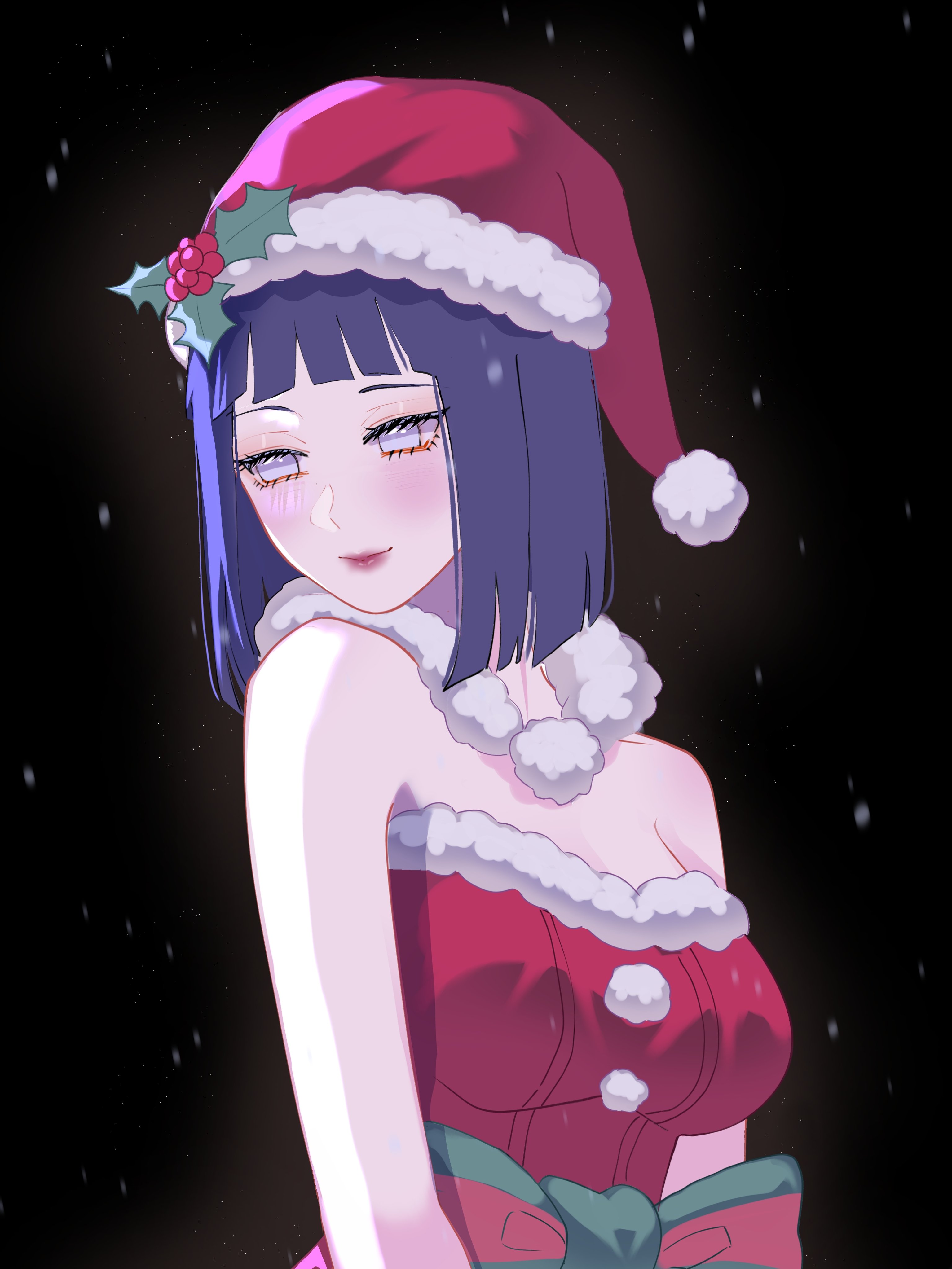 hyuuga hinata, boruto: naruto next generations, naruto (series), absurdres, commentary, highres, symbol-only commentary, 1girl, bare shoulders, black background, blue hair, breasts, christmas, hat, large breasts, purple eyes, red hat, santa hat, short hair, simple background, solo, strapless, upper body, zimo on