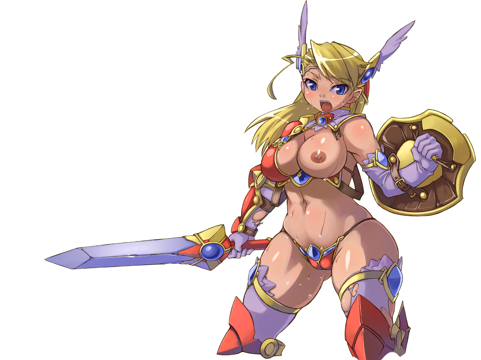kawacchi hirohiro, original, highres, 1girl, armor, blonde hair, breast slip, breasts, cameltoe, dark-skinned female, dark nipples, dark skin, feathers, female focus, large breasts, long hair, nipples, one breast out, open mouth, panties, plump, shield, solo, sweat, sword, thick thighs, thighhighs, thighs, thong, torn clothes, underwear, wardrobe malfunction, weapon