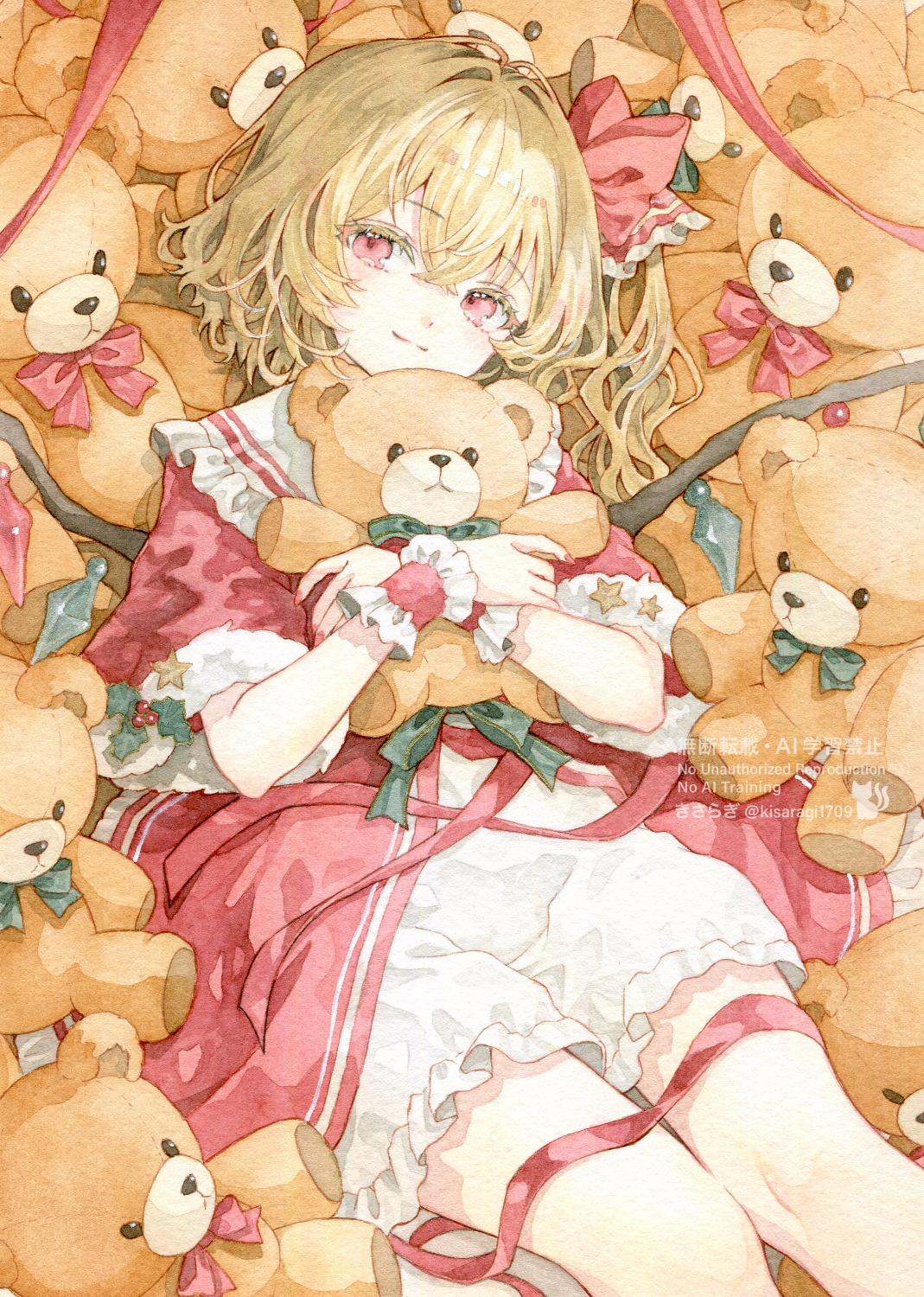kisarush, flandre scarlet, touhou, commentary, highres, painting (medium), symbol-only commentary, traditional media, watercolor (medium), 1girl, blonde hair, bow, closed mouth, collared dress, cowboy shot, dress, fur-trimmed dress, fur trim, hair between eyes, hair bow, holly, hugging doll, hugging object, layered dress, long hair, looking at viewer, puffy short sleeves, puffy sleeves, red bow, red dress, red eyes, red ribbon, ribbon, ribbon-trimmed collar, ribbon trim, short sleeves, smile, solo, star (symbol), stuffed animal, stuffed toy, teddy bear, too many dolls, watermark, white dress, wings, wrist cuffs