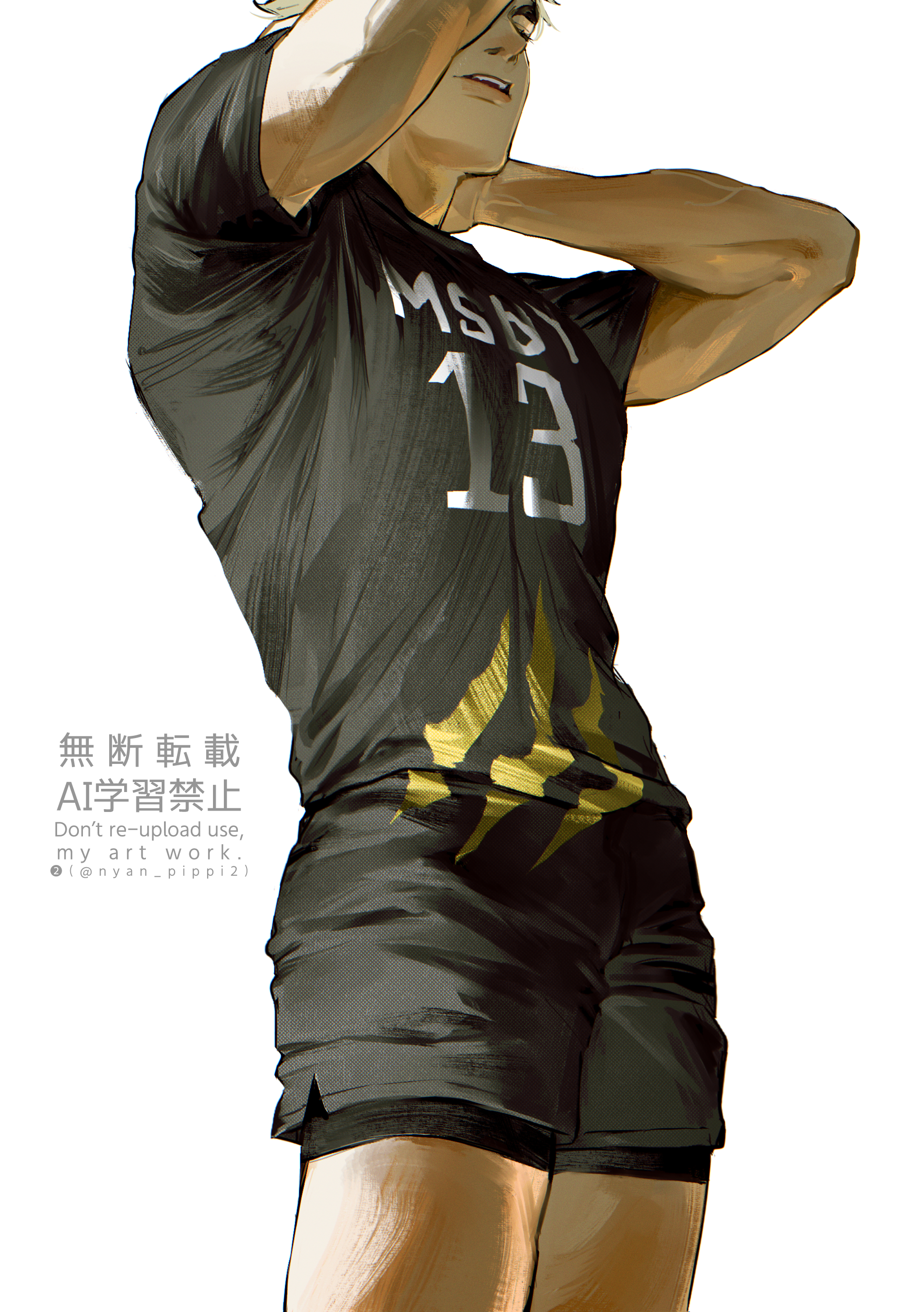 era pippi, miya atsumu, haikyuu!!, absurdres, commentary request, highres, 1boy, arms up, black shorts, blonde hair, from below, male focus, msby black jackals volleyball uniform, short hair, shorts, simple background, solo, sportswear, standing, toned, toned male, volleyball uniform, watermark, white background