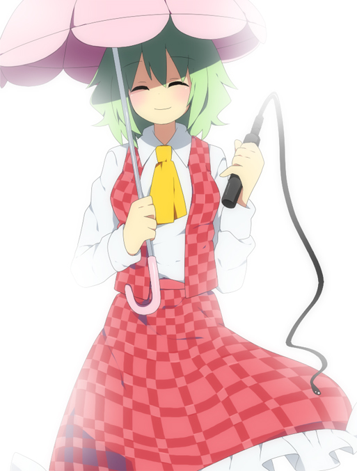 soranagi, kazami yuuka, touhou, bad id, bad pixiv id, 1girl, ascot, backlighting, blush, closed eyes, female focus, green hair, parasol, plaid clothes, plaid skirt, plaid vest, shade, short hair, simple background, skirt, skirt set, smile, solo, umbrella, vest, whip, white background