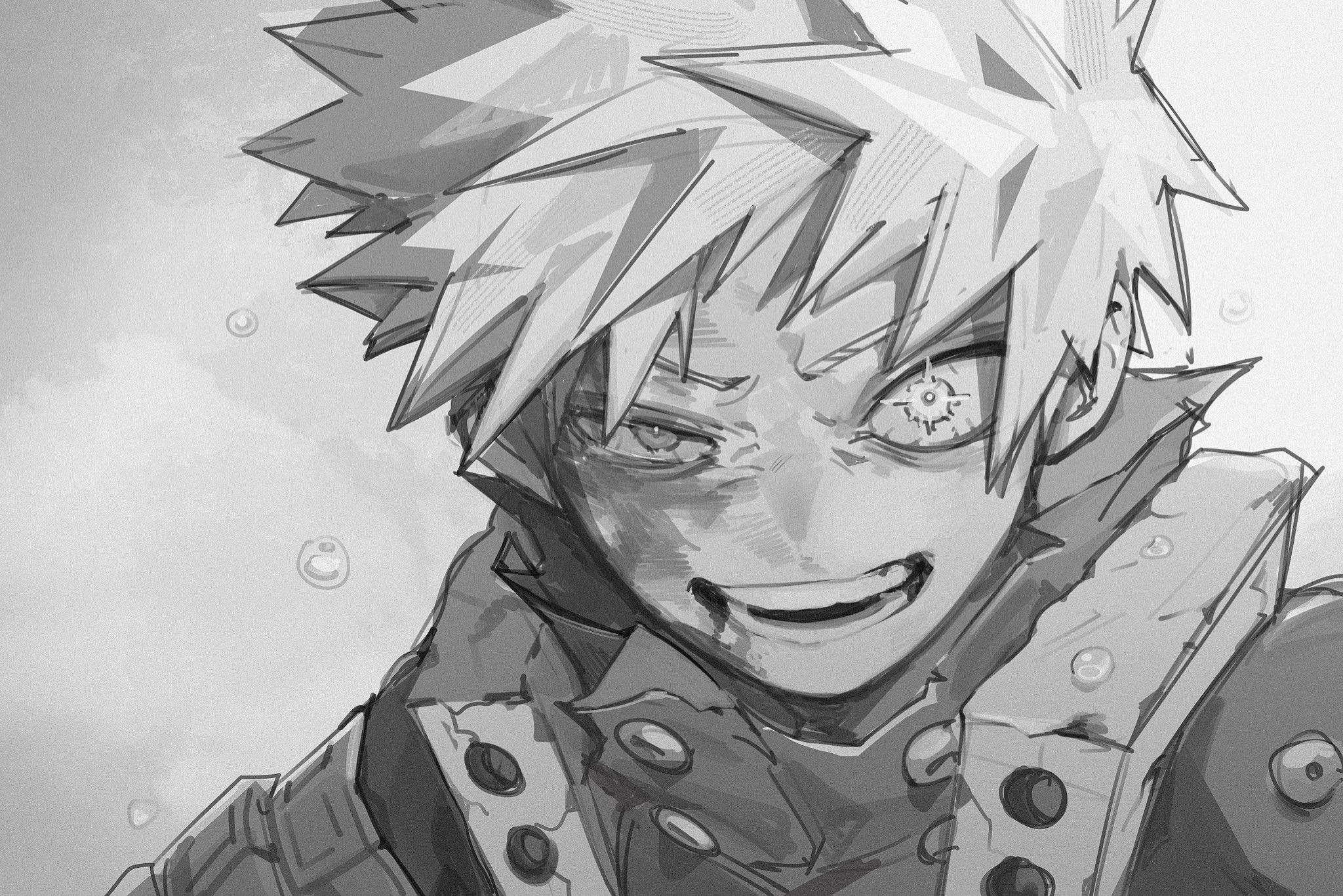 bakugou katsuki, boku no hero academia, commentary, highres, symbol-only commentary, 1boy, blood, blood on face, bloodshot eyes, collared shirt, greyscale, injury, looking at viewer, male focus, monochrome, open mouth, shirt, short hair, sketch, smile, snowflooks, solo, spiked hair, teeth, torn clothes, uneven eyes, wide-eyed