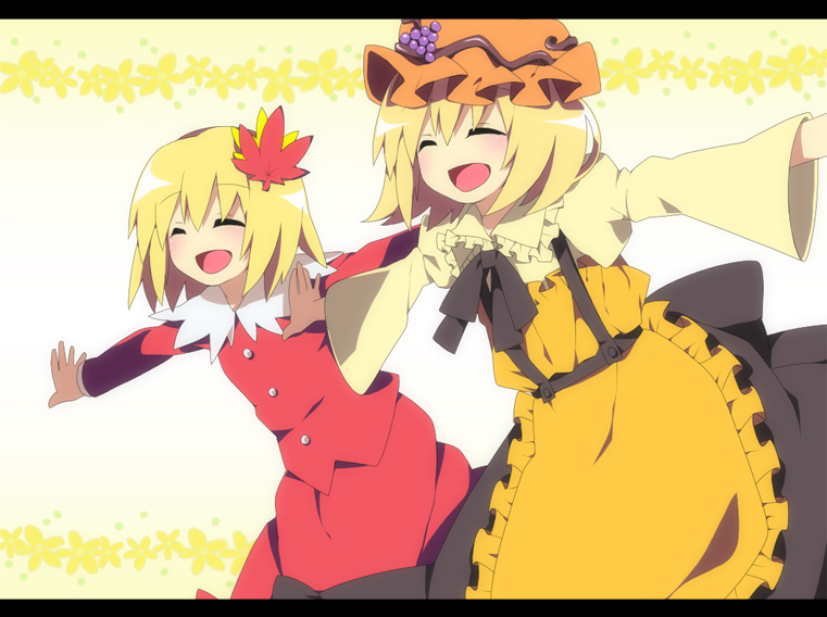 soranagi, aki minoriko, aki shizuha, touhou, bad id, bad pixiv id, 2girls, female focus, hair ornament, hat, leaf hair ornament, multiple girls, outstretched arms, short hair, siblings, sisters, spread arms