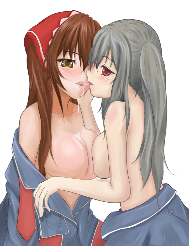 2d-cube, alicia melchiott, edy nelson, senjou no valkyria, senjou no valkyria (series), senjou no valkyria 1, 00s, 2girls, breasts, brown eyes, brown hair, female focus, grey hair, long hair, multiple girls, no nipples, red eyes, simple background, standing, twintails, upper body, white background, yuri