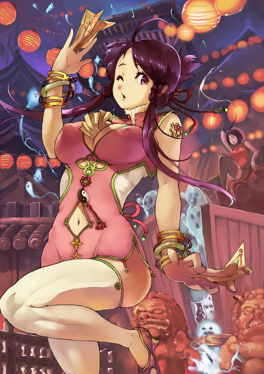 bh001, wretch, original, bad id, bad pixiv id, highres, 1girl, ahoge, between breasts, bracelet, breasts, china dress, chinese clothes, clothing cutout, dress, female focus, jewelry, navel, navel cutout, no bra, one eye closed, purple hair, solo, thighhighs, wink