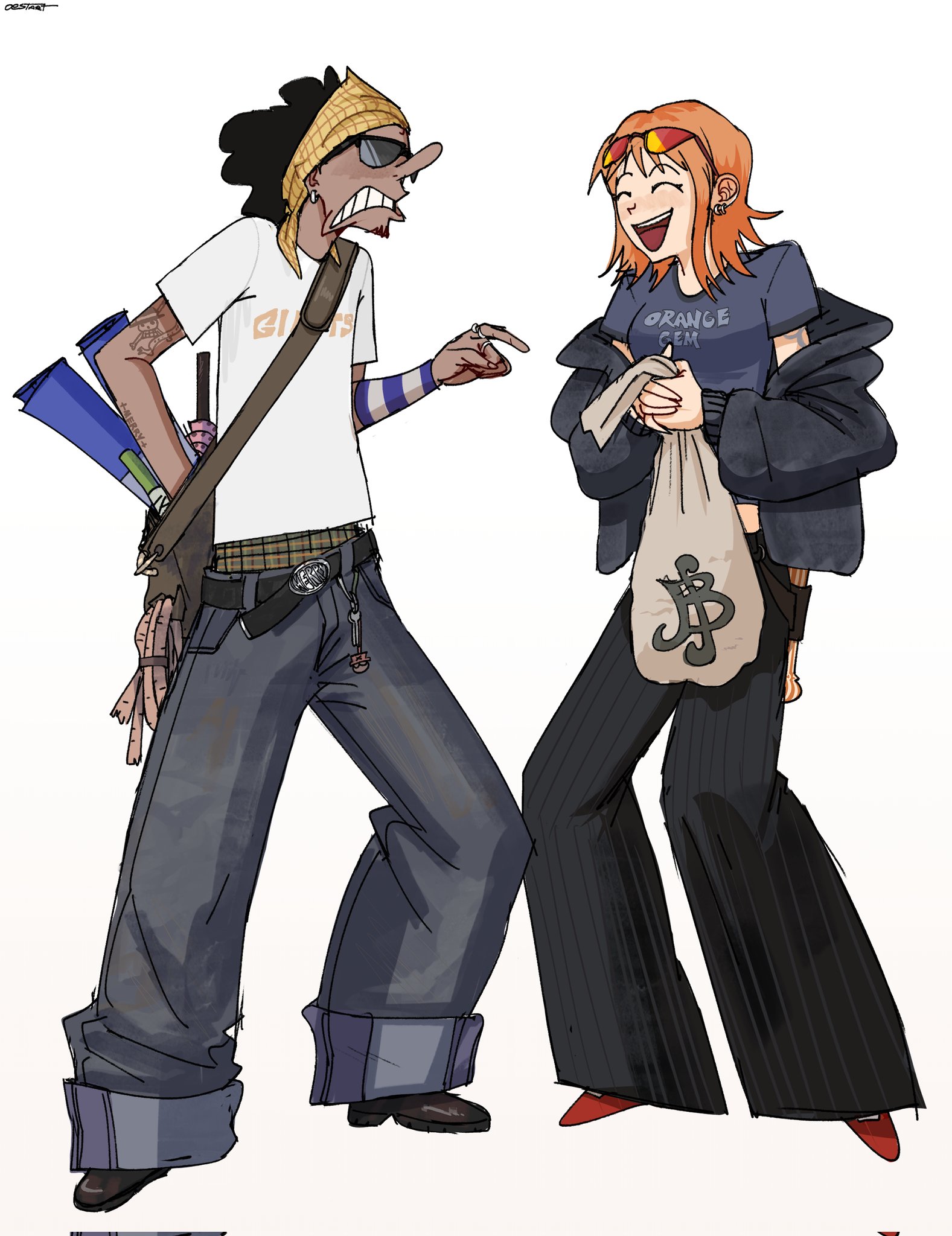 nami (one piece), usopp, one piece, commentary, highres, symbol-only commentary, 1boy, 1girl, alternate costume, bag, baggy pants, black hair, black jacket, black pants, black shoes, blue shirt, closed eyes, dark-skinned male, dark skin, earrings, eyewear on head, facing another, full body, grey pants, holding, holding bag, jacket, jewelry, money bag, oestart, open clothes, open jacket, open mouth, orange hair, pants, red shoes, shirt, shoes, short hair, short sleeves, shoulder bag, shoulder tattoo, single sidelock, smile, standing, sunglasses, tattoo, white background, white shirt