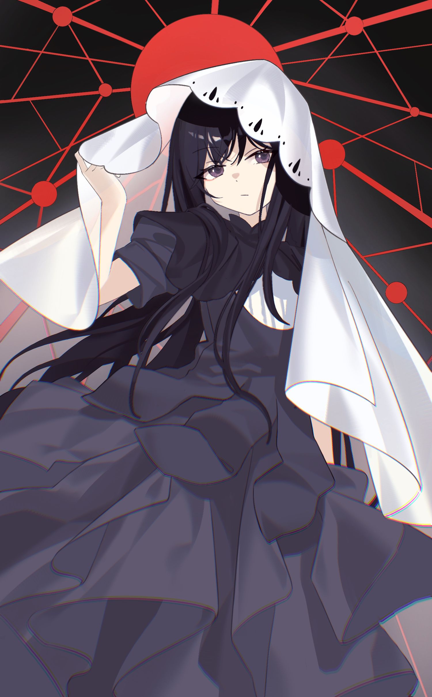 762807438, akemi homura, akemi homura (black dress), mahou shoujo madoka magica, mahou shoujo madoka magica: hangyaku no monogatari, absurdres, commentary request, highres, 1girl, black capelet, black dress, black hair, capelet, closed mouth, dress, frilled dress, frills, long hair, looking at viewer, purple eyes, solo, veil, white veil