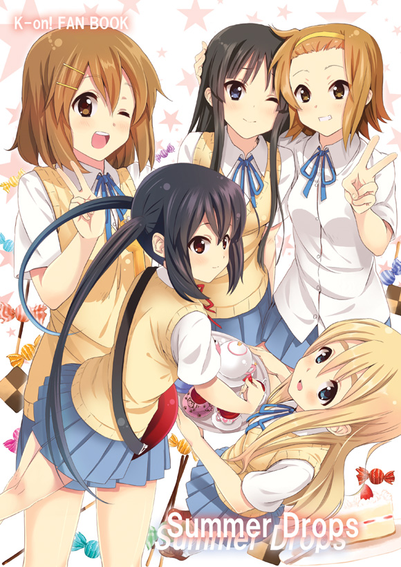 kitagawa unagi, akiyama mio, hirasawa yui, kotobuki tsumugi, nakano azusa, tainaka ritsu, k-on!, 00s, 5girls, ho-kago tea time, multiple girls, one eye closed, school uniform, v, wink