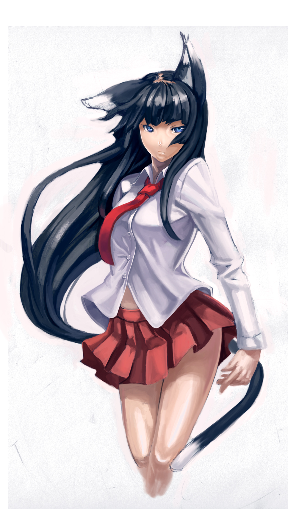 hibi gakeppuchi, highres, 1girl, animal ears, black hair, blue eyes, cat ears, cat girl, cat tail, female focus, long hair, narukana, necktie, pleated skirt, skirt, solo, square-end necktie, tail, white background