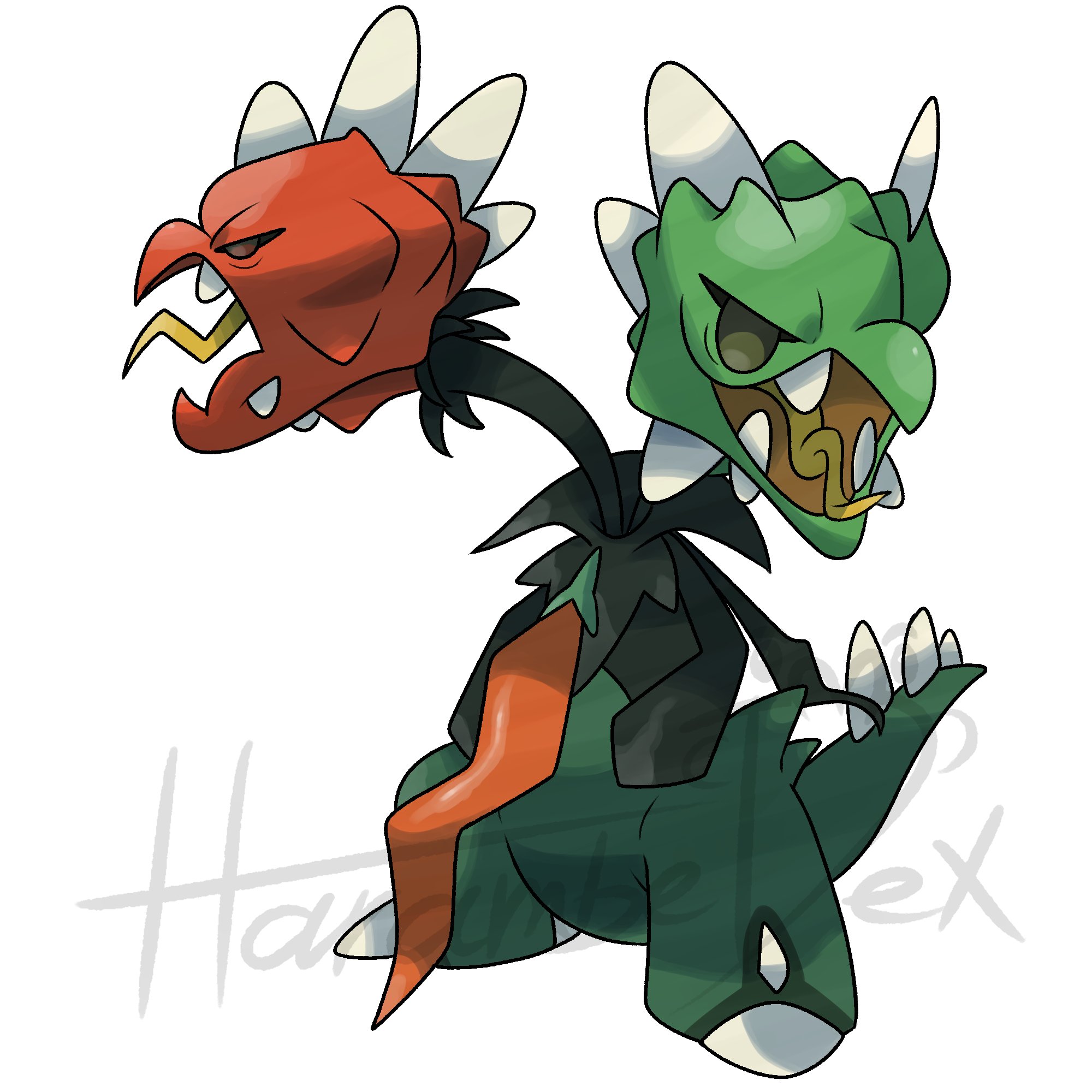 scovillain, nintendo, pokemon, highres, spoilers, artist name, bell pepper, claws, colored skin, fangs, green bell pepper, green skin, harambedex, mega pokemon, mega scovillain, mohawk, multiple heads, necktie, no humans, open mouth, pokemon (creature), pokemon focus, red pepper, red skin, spiked tail, sugimori ken (style), tail, tongue, tongue out, v-shaped eyes