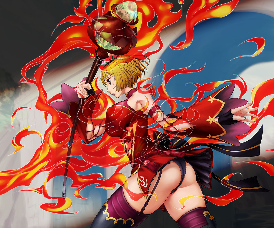 yuuma (yuusaikaden), fantasy earth zero, bad id, bad pixiv id, ass, bare shoulders, black panties, blonde hair, breasts, china dress, chinese clothes, dress, fire, garter belt, large breasts, panties, pantyshot, short hair, solo, staff, thighhighs, underwear