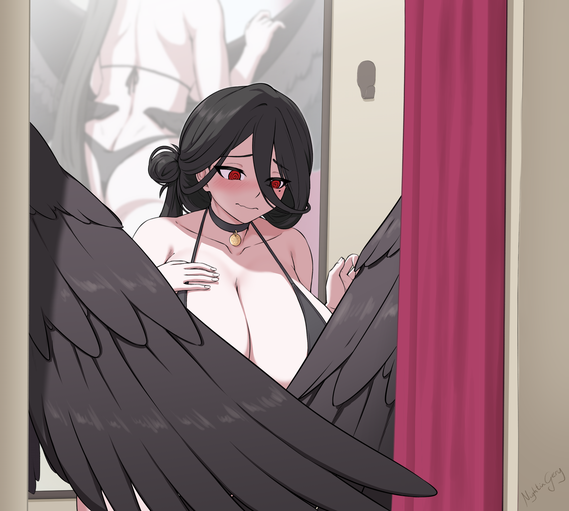 nightingery, hasumi (blue archive), hasumi (swimsuit) (blue archive), blue archive, commentary, highres, 1girl, ass, bikini, black bikini, black choker, black hair, black wings, blush, breasts, choker, cleavage, closed mouth, collarbone, convenient censoring, curtains, feathered wings, fitting room, front-tie bikini top, front-tie top, hair between eyes, hand on own chest, hands up, highleg, highleg bikini, huge breasts, leaning forward, long hair, long hair between eyes, looking at viewer, loosely tucked bangs, low wings, mirror, official alternate costume, official alternate hairstyle, oversized wings, red eyes, reflection, side-tie bikini bottom, smile, solo, standing, swimsuit, wings