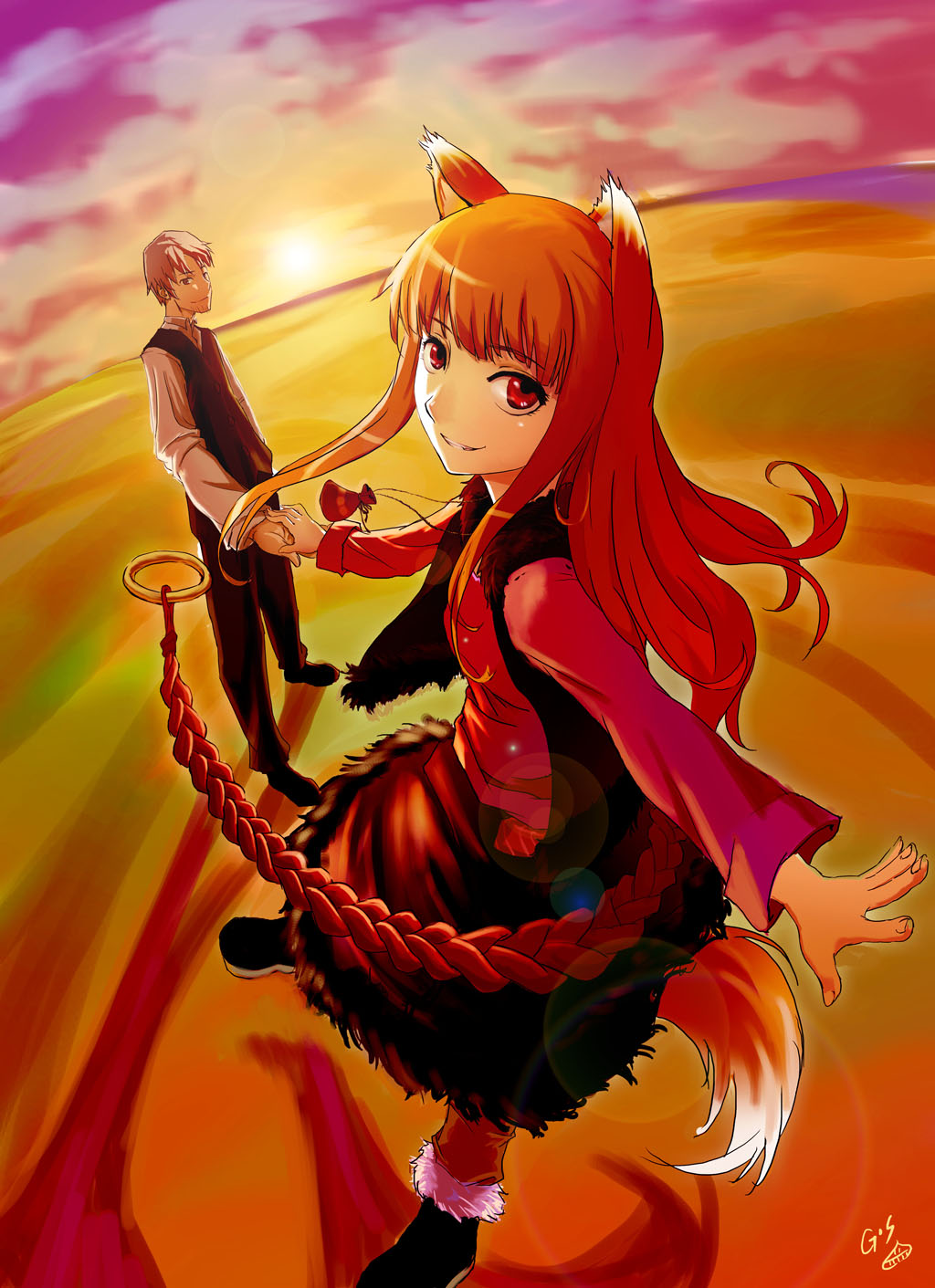 as109, craft lawrence, holo, spice and wolf, bad id, bad pixiv id, highres, 00s, 1boy, 1girl, animal ears, brown hair, lens flare, long hair, pants, pouch, red eyes, sketch, skirt, sunset, tail, vest, wolf ears, wolf tail