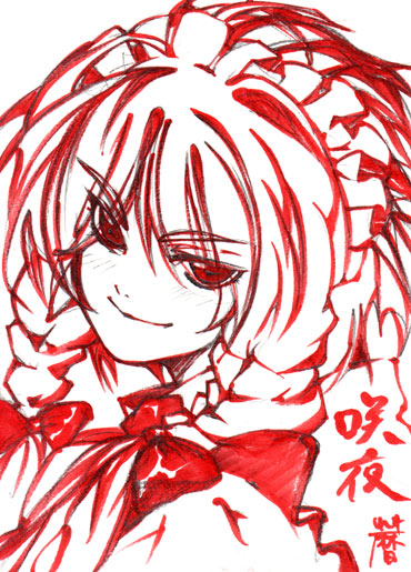 koyomiuta, izayoi sakuya, touhou, traditional media, 1girl, bow, braid, female focus, hair bow, maid, monochrome, ribbon, smile, smirk, solo, twin braids