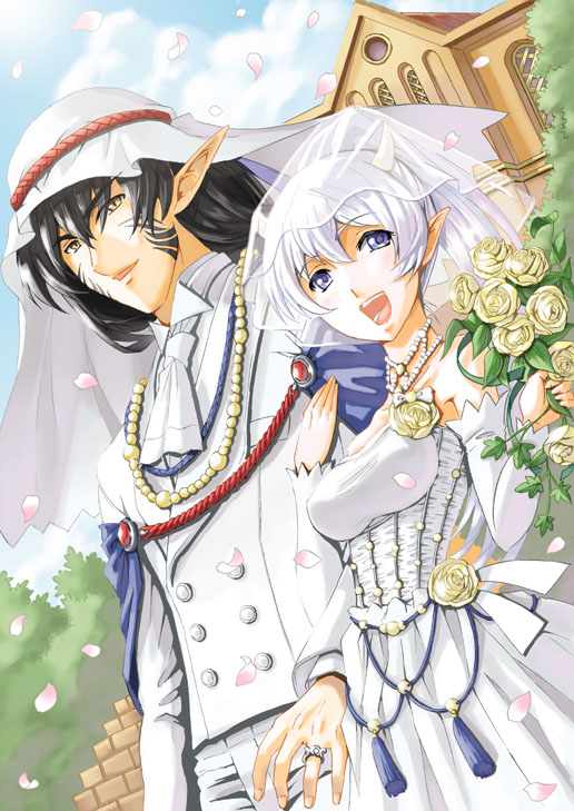 yuu (yuyukaikan), original, 1boy, 1girl, black hair, bridal veil, bride, couple, dress, elf, fantasy, flower, hetero, horns, pointy ears, rose, short hair, veil, wedding, wedding dress, white hair