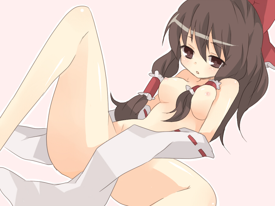 yuiki (cube), hakurei reimu, touhou, bad id, bad pixiv id, 1girl, bow, breasts, brown eyes, brown hair, detached sleeves, female focus, nipples, nude, short hair, solo