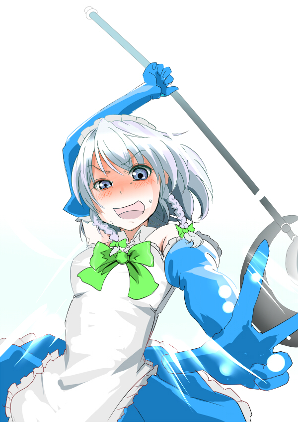 wakie, izayoi sakuya, touhou, silver hair, 1girl, blue eyes, blush, braid, female focus, foreshortening, magical girl, short hair, simple background, solo, twin braids, v, white background