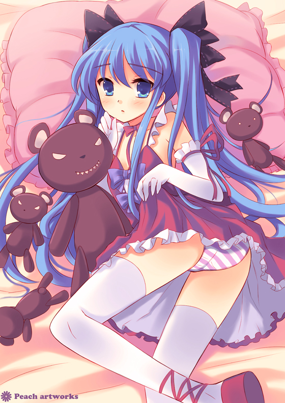 peach88, original, bad id, bad pixiv id, blue eyes, blue hair, bow, elbow gloves, gloves, panties, pillow, solo, striped clothes, striped panties, stuffed animal, stuffed toy, teddy bear, thighhighs, twintails, underwear