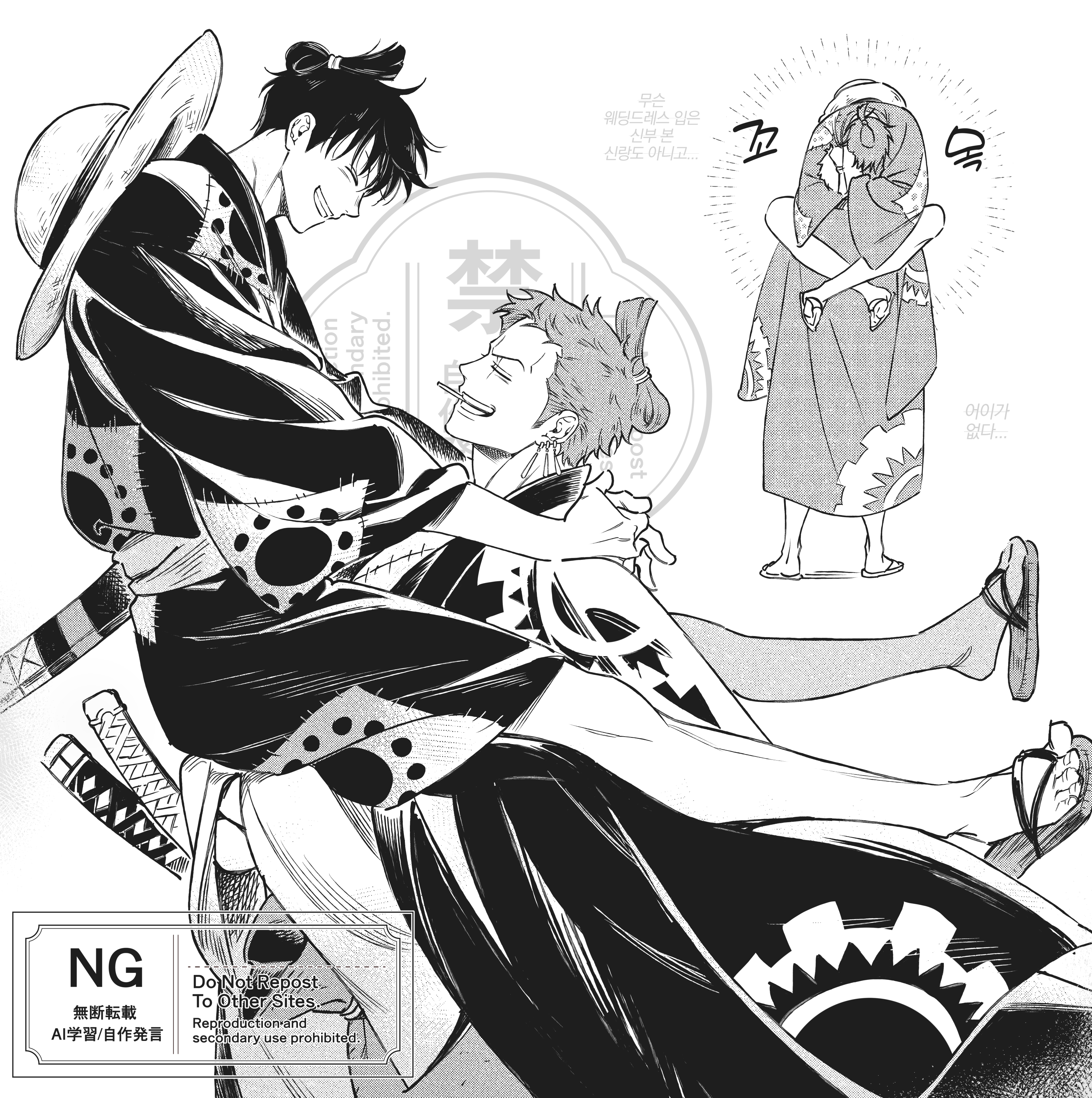 monkey d. luffy, roronoa zoro, one piece, absurdres, commentary, highres, symbol-only commentary, 2boys, arms around neck, carrying, closed eyes, earrings, evrinuk, from behind, from side, greyscale, grin, hat, hug, japanese clothes, jewelry, katana, kimono, male focus, monochrome, mouth hold, multiple boys, multiple views, official alternate costume, official alternate hairstyle, print kimono, sandals, sheath, sheathed, short hair, shoulder carry, smile, standing, straw hat, sword, teeth hold, unworn hat, unworn headwear, weapon, wide sleeves