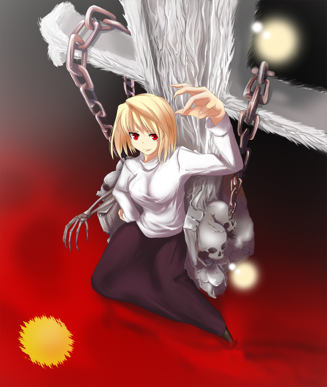 saryuu (iriomote), arcueid brunestud, tsukihime, type-moon, bad id, bad pixiv id, highres, 00s, 1girl, blonde hair, chain, cross, female focus, long skirt, pantyhose, purple skirt, red eyes, short hair, skirt, skull, solo, sweater, throne, turtleneck