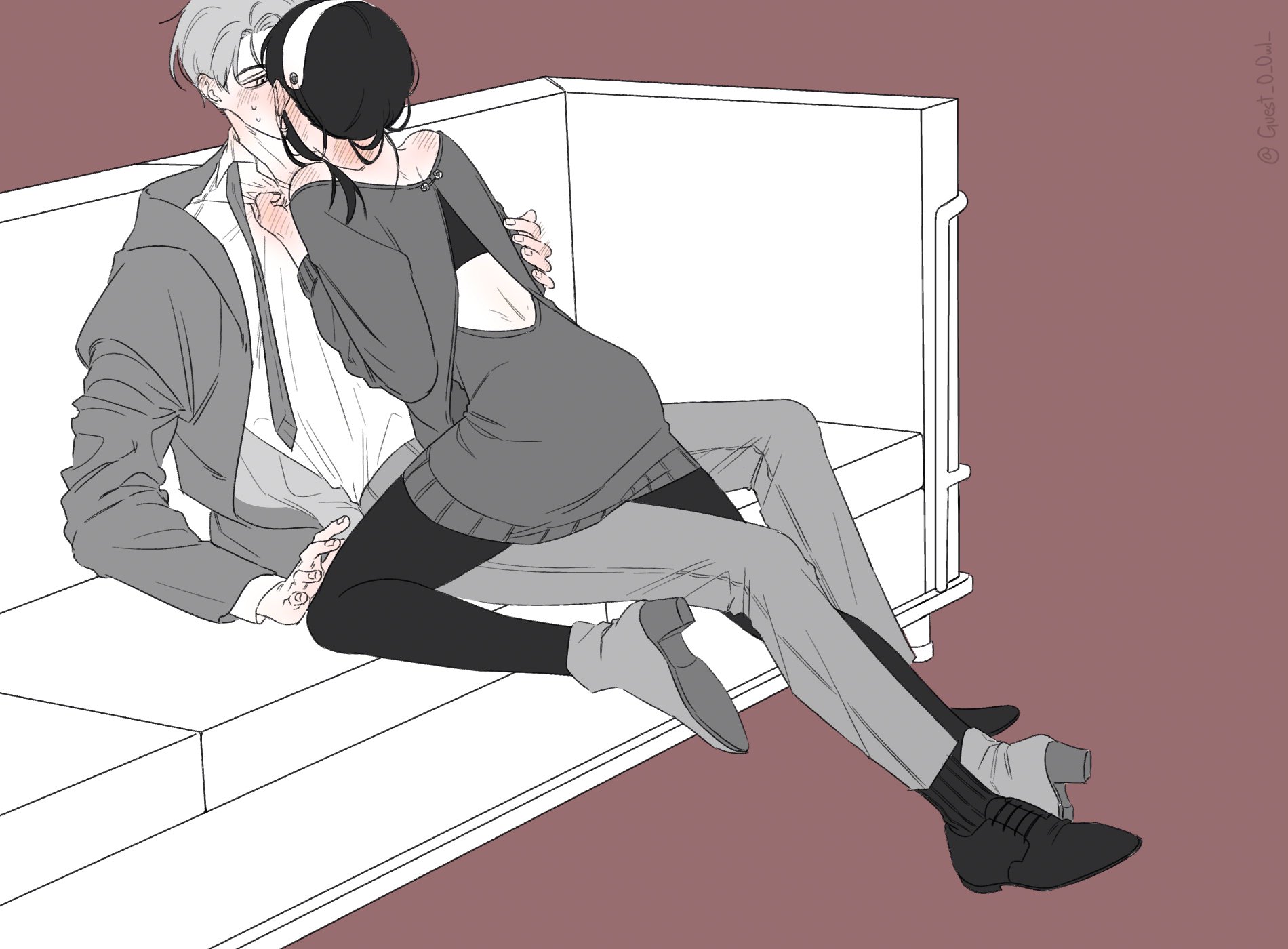 twilight (spy x family), yor briar, spy x family, commentary request, highres, korean commentary, 1boy, 1girl, bare shoulders, black hair, blush, breasts, earrings, gold earrings, hairband, husband and wife, im guest, jewelry, large breasts, long hair, red sweater, shirt, short hair, sidelocks, sweater, white hairband