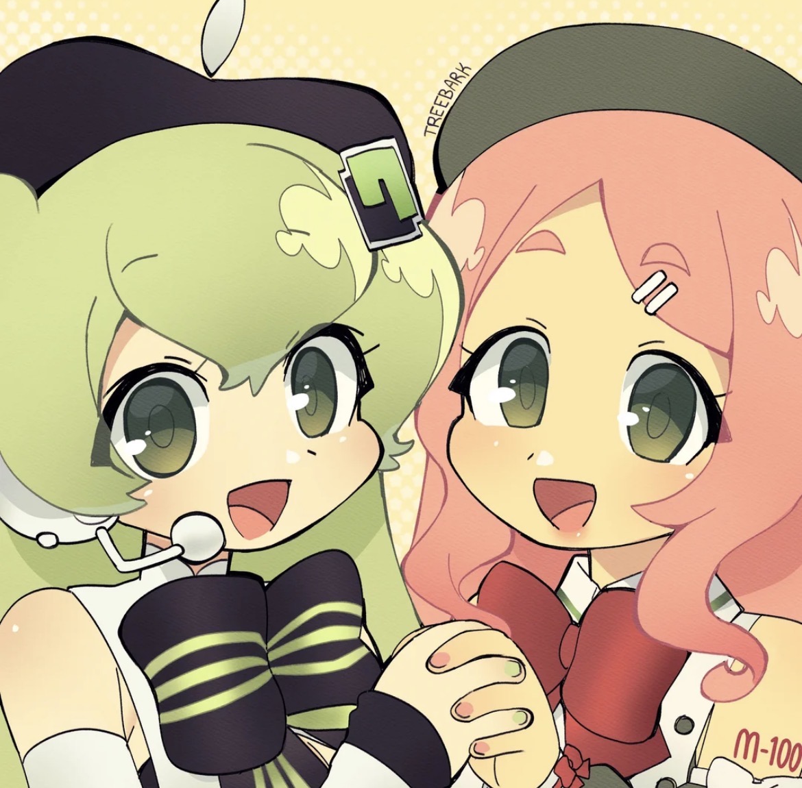 treebarkagain, macne nana, momone momo, macne series, utau, vocaloid, 2girls, artist name, beret, bow, bowtie, green eyes, green hair, green nails, hat, holding hands, microphone, multiple girls, number tattoo, pink hair, pink nails, smile, tattoo
