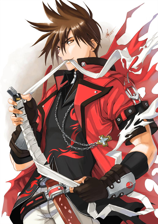 yuu (yuyukaikan), original, 1boy, brown eyes, brown hair, fantasy, gradient background, male focus, short hair, solo, sword, weapon, white background