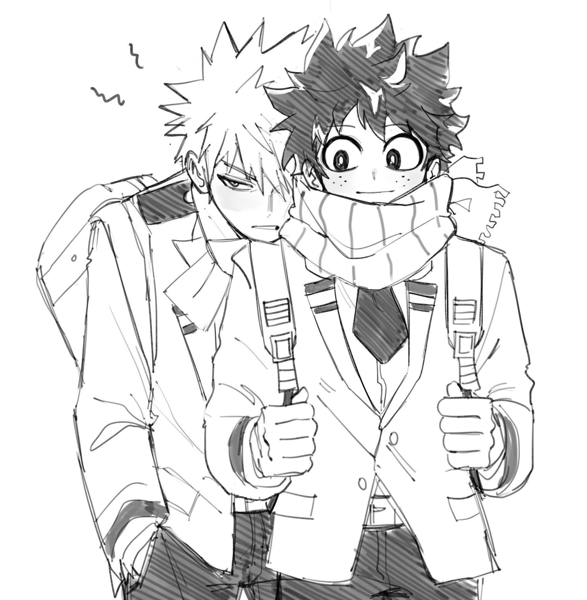 bakugou katsuki, midoriya izuku, boku no hero academia, commentary, english commentary, highres, 2boys, arms up, backpack, bag, belt, clenched teeth, closed mouth, cowboy shot, freckles, hand in pocket, head on another's shoulder, jacket, lapels, long sleeves, looking at another, looking to the side, male focus, multiple boys, pants, scarf, school uniform, short hair, sideways glance, sketch, smile, snowflooks, spiked hair, suit jacket, teeth, u.a. school uniform