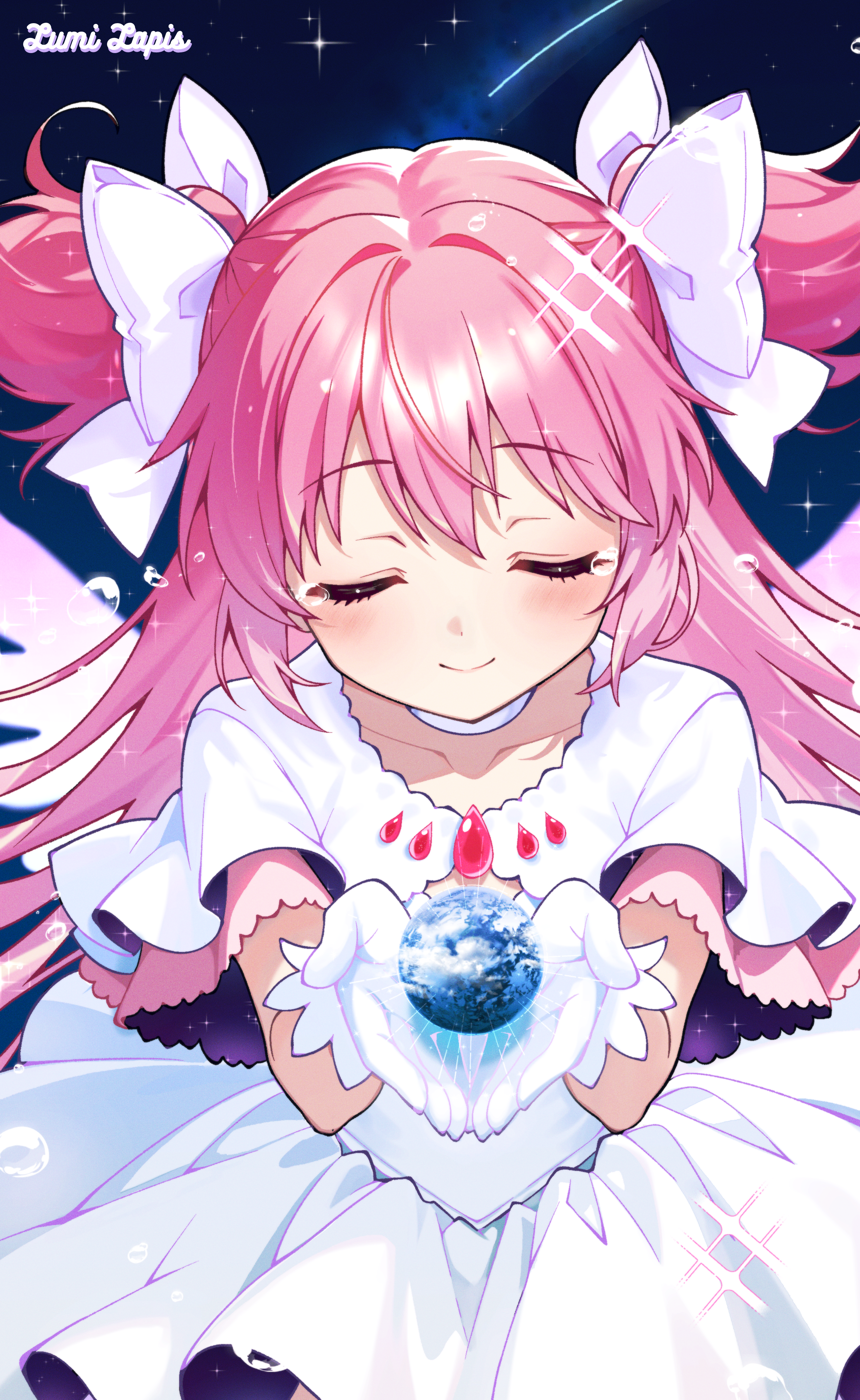lapislumi, kaname madoka, ultimate madoka, mahou shoujo madoka magica, mahou shoujo madoka magica (anime), absurdres, commentary request, highres, 1girl, bow, choker, closed eyes, crying, dress, earth (planet), gem, gloves, hair bow, holding planet, long hair, pink gemstone, pink hair, planet, short sleeves, smile, solo, two side up, white bow, white choker, white dress, white gloves, wings
