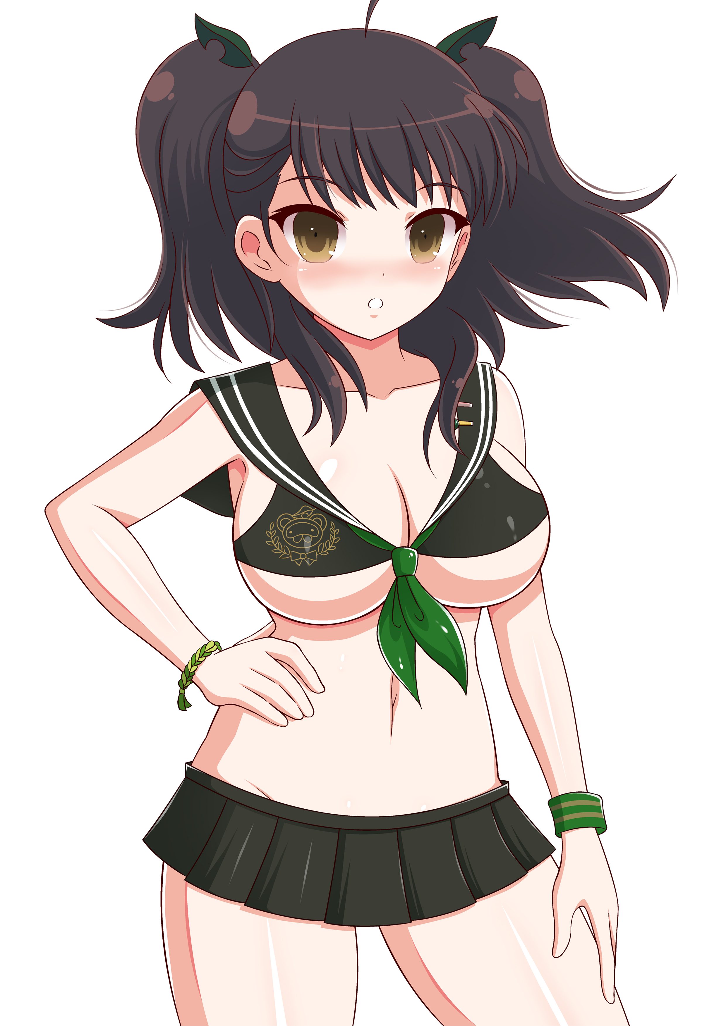 helltzujih, misato (senran kagura), pontarou (senran kagura), senran kagura, senran kagura new wave, absurdres, commentary, english commentary, highres, 1girl, :o, ahoge, ascot, bikini, bikini top only, black bikini, black sailor collar, black skirt, blush, bracelet, breasts, brown eyes, brown hair, character print, cleavage, green ascot, groin, hair ornament, hand on own hip, jewelry, large breasts, leaf, leaf hair ornament, leaf on head, linea alba, looking at viewer, micro bikini, microskirt, navel, parted lips, pleated skirt, revealing clothes, sailor collar, shiny skin, short twintails, skirt, solo, swimsuit, twintails, underboob
