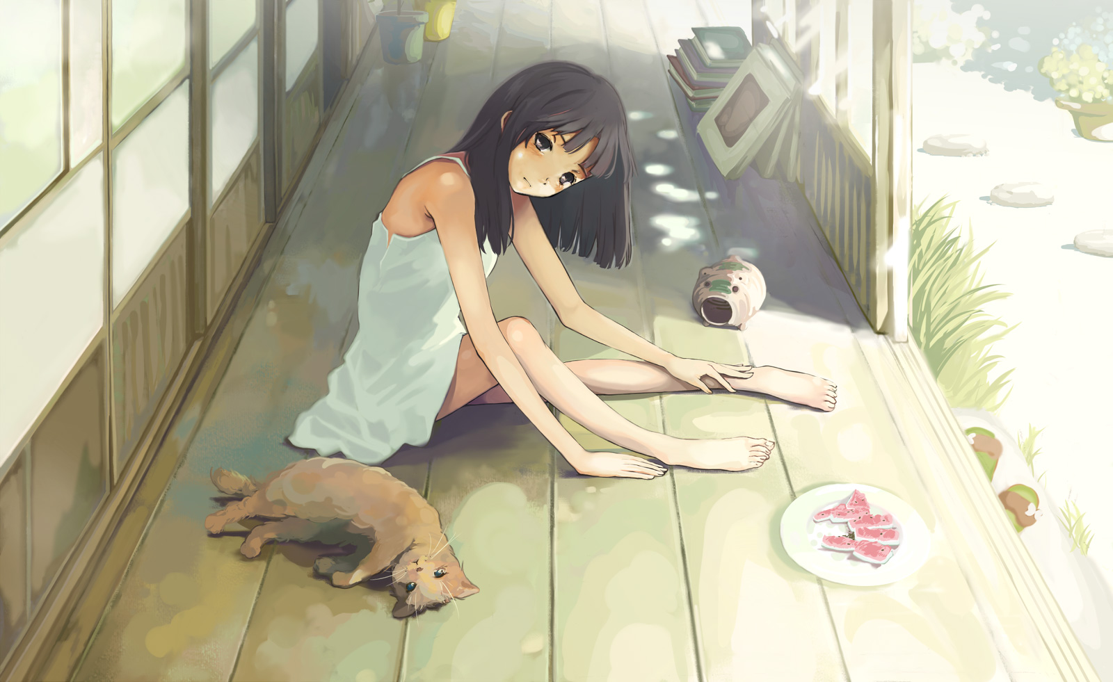 kuchibiru (lipblue), original, highres, tagme, 1girl, animal, babydoll, bare shoulders, barefoot, black hair, blush, cat, chemise, day, dress, feet, female focus, food, fruit, full body, head tilt, incense burner, kayari buta, knee up, long hair, looking at viewer, plate, sitting, skirt, solo, sundress, veranda, watermelon, white skirt, wooden floor