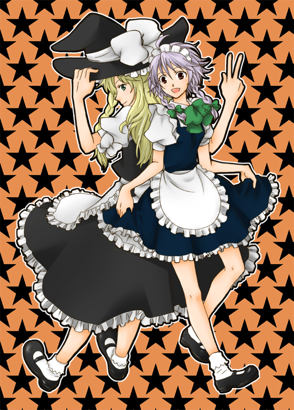 bilrost, hashiko, karikura hashiko, izayoi sakuya, kirisame marisa, touhou, silver hair, 2girls, blonde hair, braid, female focus, green eyes, hat, long hair, multiple girls, red eyes, short hair, twin braids, witch, witch hat