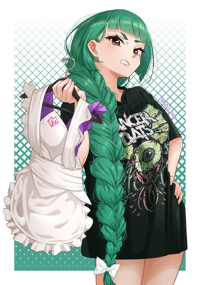 obi3, lebanne (pokemon), nintendo, pokemon, pokemon legends: z-a, commentary, english commentary, highres, apron, band shirt, black shirt, blunt bangs, bow, bowtie, braid, braided ponytail, clothes hanger, green hair, holding, holding apron, holding clothes hanger, long braid, long hair, long shirt, merchandise, no pants, print shirt, shirt, short sleeves, t-shirt, tsurime, unworn apron, white bow