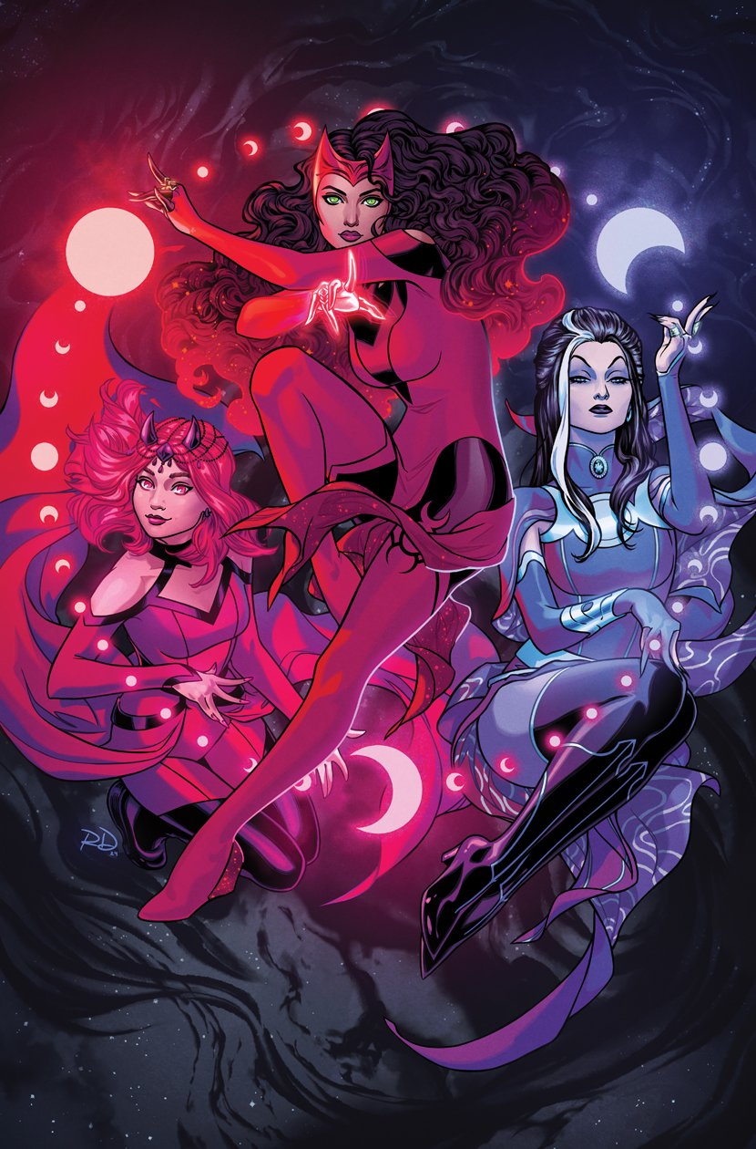 russell dauterman, scarlet witch, wanda maximoff, avengers (series), marvel, comic cover, commentary, english commentary, highres, official art, 3girls, agatha harkness, amaranth (marvel), black background, black boots, black hair, boots, bridal gauntlets, brown hair, crescent, curly hair, dress, earrings, eyeshadow, fake horns, floating hair, green eyes, horned headwear, horns, jewelry, long hair, looking at viewer, magic, makeup, medium hair, multicolored hair, multiple girls, off-shoulder dress, off shoulder, pink eyes, pink hair, purple bridal gauntlets, purple dress, purple eyeshadow, purple lips, red boots, red dress, red lips, superhero costume, teacher and student, thigh boots, trait connection, white hair, witch