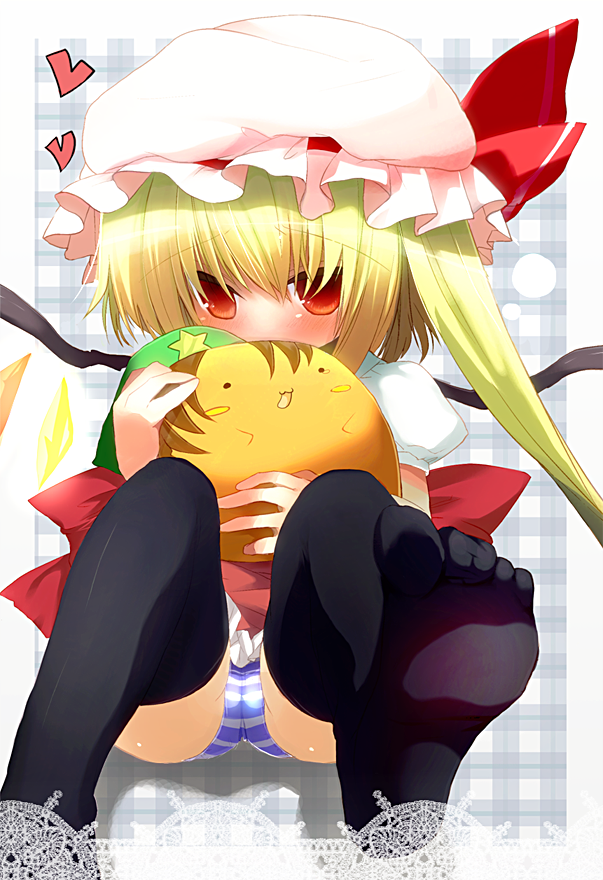 cauliflower (hosiyarou), shimejinameko, flandre scarlet, touhou, bad id, bad pixiv id, 1girl, bad anatomy, bad feet, blonde hair, feet, female focus, hat, loli, panties, pantyshot, poorly drawn, red eyes, sitting, solo, striped clothes, striped panties, thighhighs, underwear