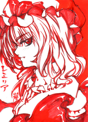 koyomiuta, remilia scarlet, touhou, traditional media, 1girl, bow, fangs, female focus, frills, hair bow, hat, monochrome, profile, short hair, slit pupils, solo