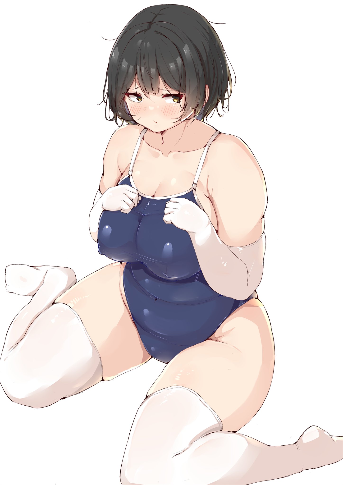 shinonon (iso shino), original, 1girl, black hair, blue one-piece swimsuit, blush, breasts, brown eyes, cleavage, covered erect nipples, covered navel, elbow gloves, embarrassed, gloves, hands on own chest, large breasts, one-piece swimsuit, plump, short hair, sitting, solo, swimsuit, thick thighs, thighhighs, thighs, wariza, white background, white gloves, white thighhighs