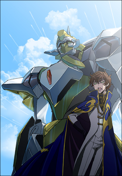 dalc rose, kururugi suzaku, lancelot (code geass), lancelot z-01, code geass, bad id, bad pixiv id, 00s, 1boy, cape, male focus, mecha, outdoors, robot, sky, solo