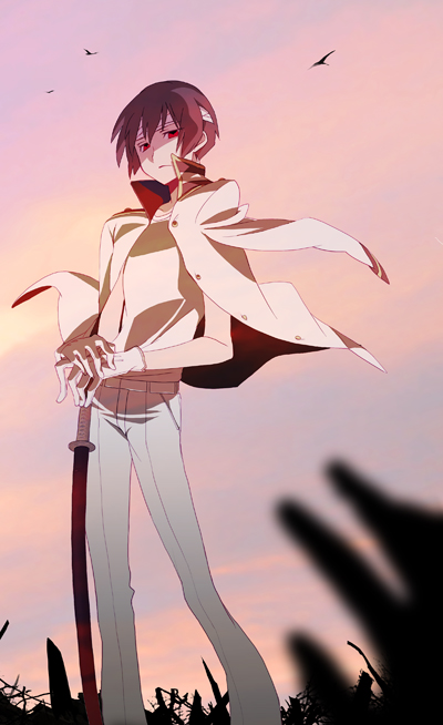 dalc rose, japan (hetalia), axis powers hetalia, bad id, bad pixiv id, 00s, 1boy, bandages, black hair, katana, male focus, outdoors, red eyes, short hair, sky, solo, sword, weapon