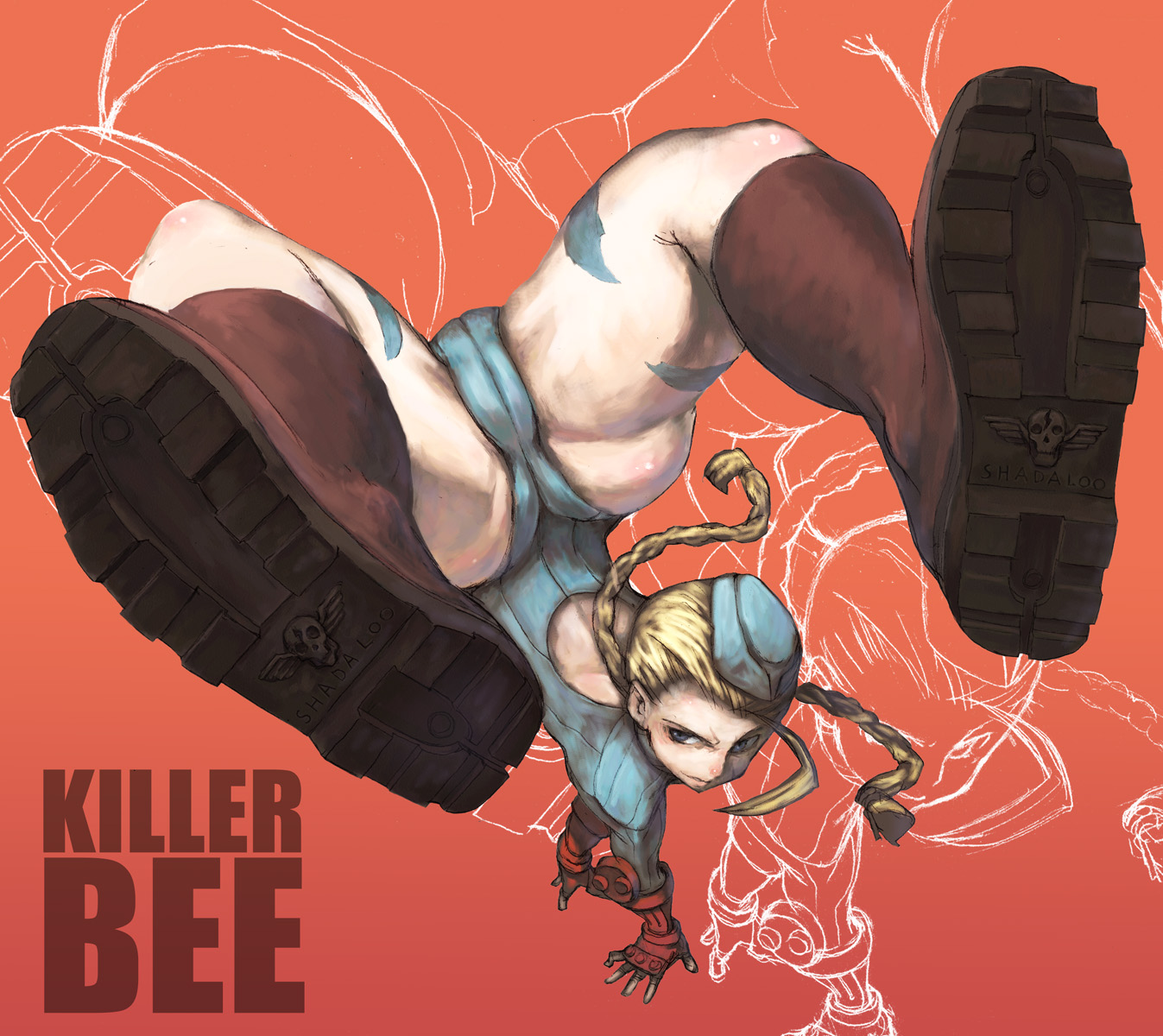 oono tsutomu, cammy white, capcom, street fighter, highres, 1girl, ass, blonde hair, blue leotard, boots, braid, cameltoe, female focus, fingerless gloves, garrison cap, gloves, hat, legs, legs over head, leotard, muscular, oonu tutuomu, sleeved leotard, solo, spread legs, twin braids, zoom layer