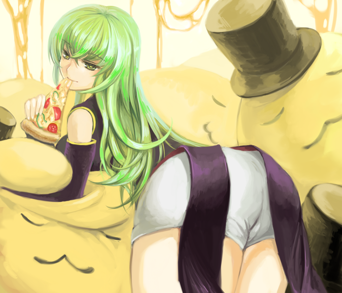 mamepon, c.c., cheese-kun, code geass, pizza hut, bad id, bad pixiv id, 00s, 1girl, ass, cheese, eating, female focus, food, green hair, hat, long hair, pizza, pizza slice, smile, solo, top hat, yellow eyes