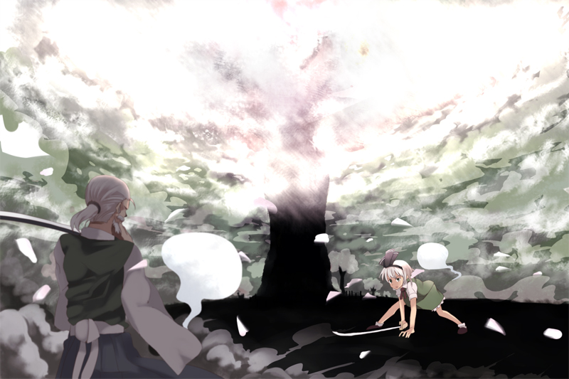 mieharu, konpaku youki, konpaku youmu, konpaku youmu (ghost), touhou, silver hair, 1boy, 1girl, beard, facial hair, ghost, japanese clothes, katana, kimono, ponytail, short hair, sword, weapon