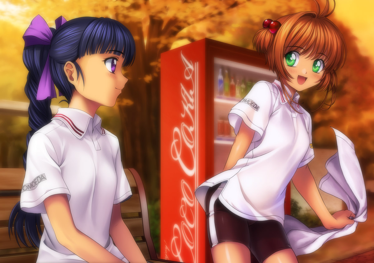 mutsuki (moonknives), daidouji tomoyo, kinomoto sakura, cardcaptor sakura, coca-cola, kodansha, 1990s (style), 2girls, bike shorts, black hair, braid, brand name imitation, brandname parody, brown hair, camcorder, camera, child, green eyes, gym uniform, hair bobbles, hair ornament, hair ribbon, long hair, multiple girls, open mouth, ponytail, purple eyes, retro artstyle, ribbon, short hair, short twintails, smile, towel, twintails, vending machine, video camera