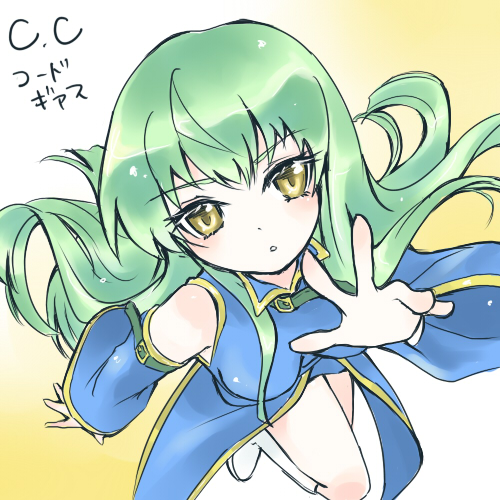 furuchoko, c.c., code geass, lowres, 00s, 1girl, chibi, female focus, gradient background, green hair, long hair, solo, yellow eyes