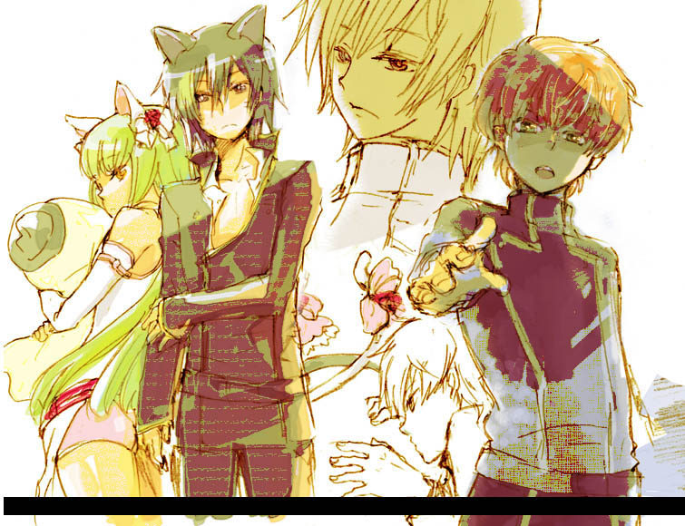 utsumi haku, c.c., kururugi suzaku, lelouch vi britannia, code geass, 00s, 1girl, 2boys, animal ears, black hair, cat ears, green hair, long hair, multiple boys, school uniform, short hair, zenn-mai