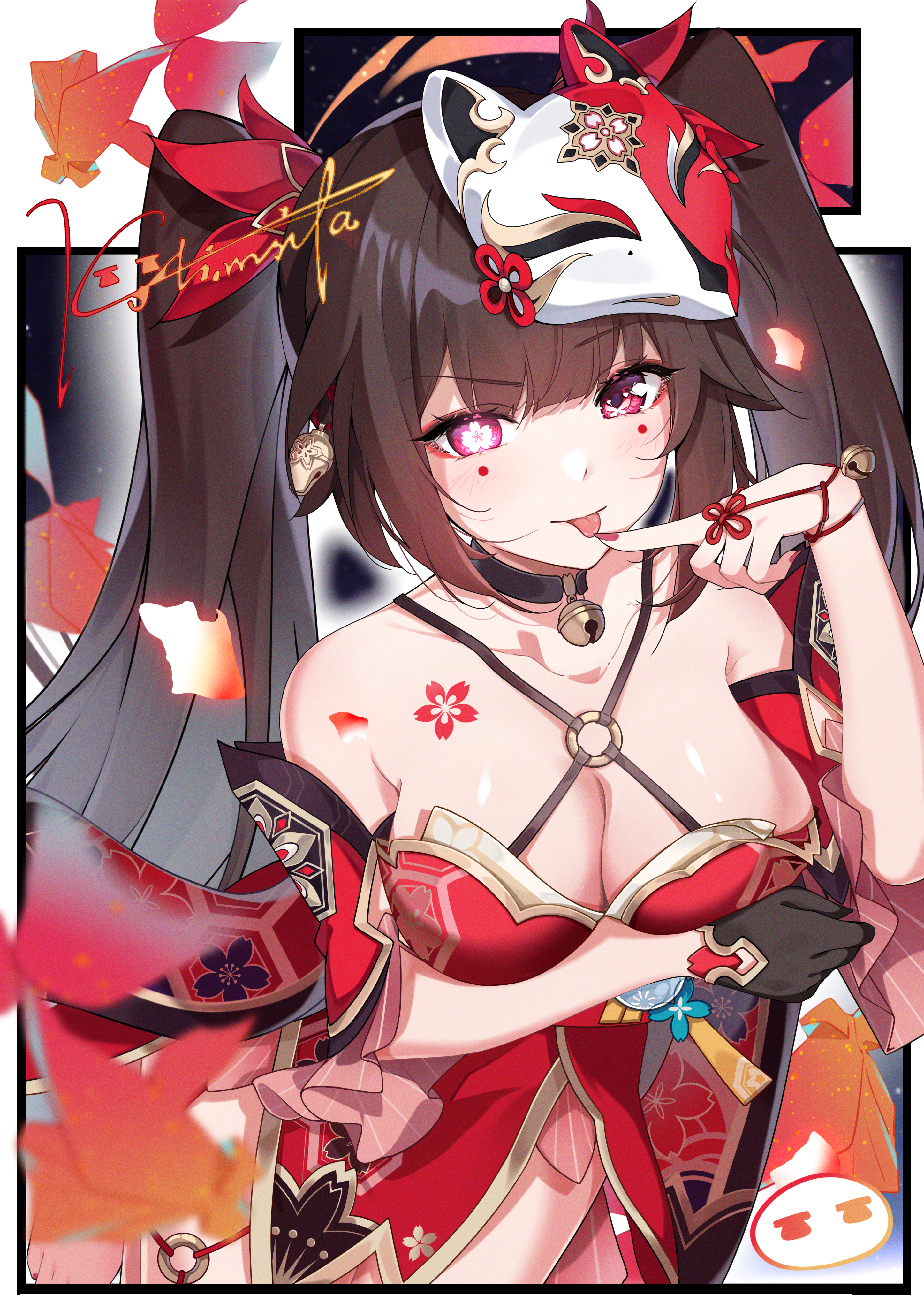 kolimiya, sparkle (honkai: star rail), honkai: star rail, honkai (series), absurdres, commentary request, highres, variant set, 1girl, alternate breast size (larger), bell, border, breasts, brown hair, cleavage, dress, flower-shaped pupils, flower tattoo, fox mask, japanese clothes, large breasts, long hair, looking at viewer, mask, mask on head, neck bell, pink hair, purple eyes, red dress, symbol-shaped pupils, tattoo, tongue, tongue out, twintails, very long hair, white border
