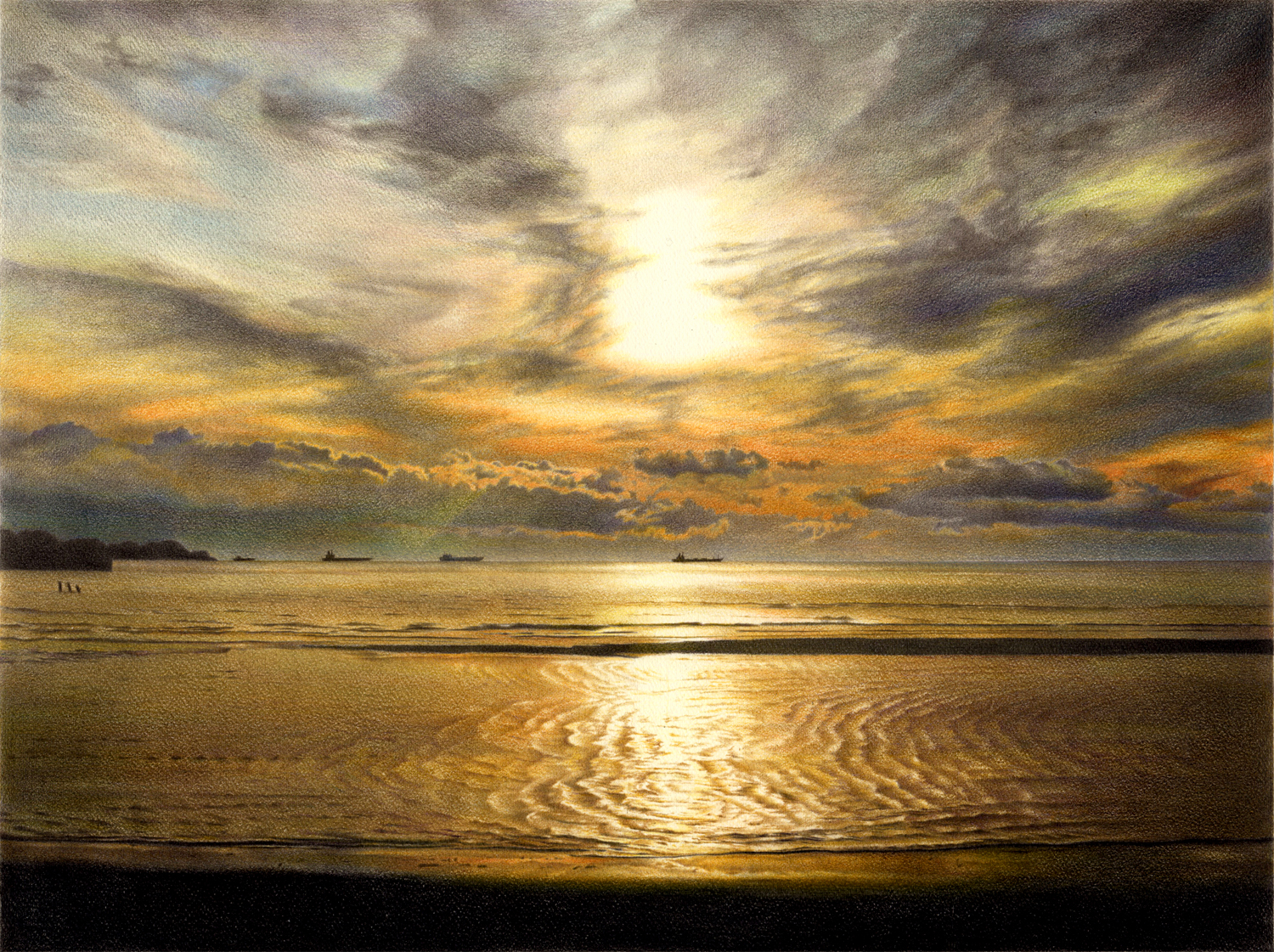 hagane yama, original, colored pencil (medium), commentary request, traditional media, beach, cloud, cloudy sky, evening, horizon, no humans, ocean, orange clouds, outdoors, photorealistic, realistic, scenery, ship, sky, sunset, watercraft