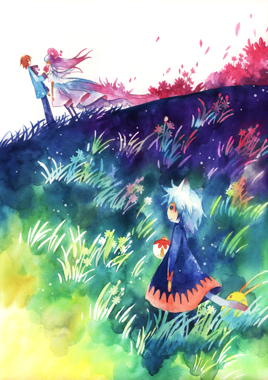 muxiaying, original, bad id, bad pixiv id, 1boy, 2girls, child, couple, dress, flower, grass, hetero, long hair, multiple girls, pink hair, rose, tail