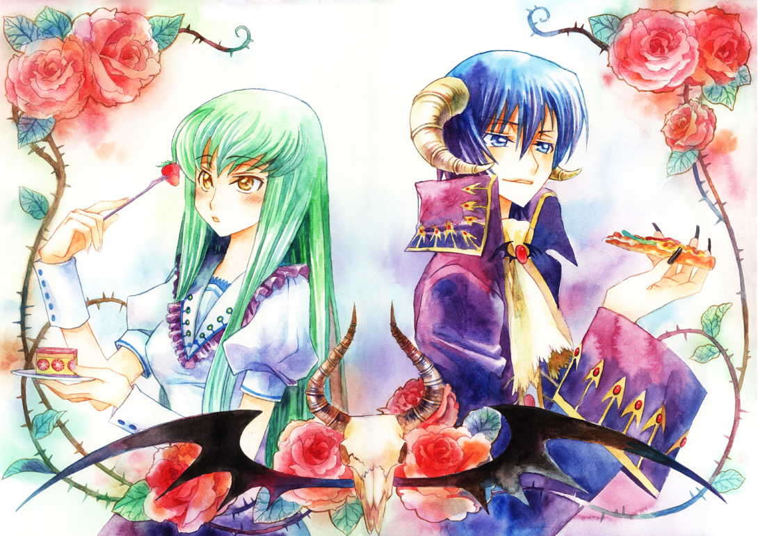 muxiaying, c.c., lelouch vi britannia, code geass, 00s, 1boy, 1girl, black hair, cake, fingernails, flower, food, fruit, green hair, horns, long fingernails, nail (hardware), pastry, pizza, plant, purple eyes, rose, skull, strawberry, thorns, vines, yellow eyes
